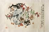 Chinese Sumi Art Brush Painting - Plum Blossoms, Chrysanthemums, Lily Bulbs, Lychees - Watercolor on Rice Paper