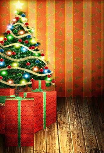 5x7ft Pon the Christmas Tree and Red Gift Box on Wood Floor Photo Backgrounds no Wrinkle Photography Backdrops for Christmas wdsd108