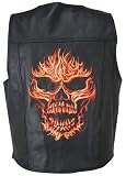 Men's Biker Red Flaming Skull Embroidered Leather Vest