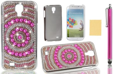 OMIU(TM) Concentric Circles Full Bling Rhinestone Diamond Pearls Metal Hard Back Case Cover for Samsung Galaxy S4 i9500(Rose Red), with Screen Protector, Stylus and Cleaning Cloth
