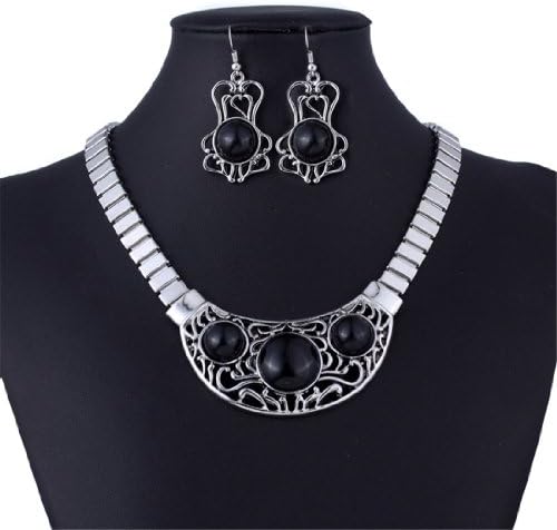 Tribal Silver Tone Strap Hollow Out Turquoise Bead Bib Necklace Earrings Set