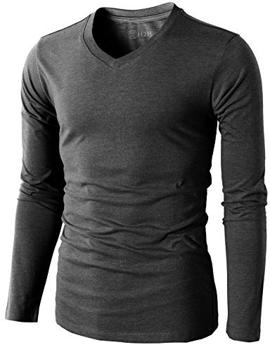 H2H Mens Basic T-Shirts with V-Neck Long Sleeve
