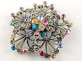 Bridal Wedding Craft Dressy Brass Tone Flower Floral Multi Crystal Brooch Pin