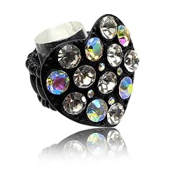Large Clear and Aurora Borealis Crystal Studded Heart Stretch Ring