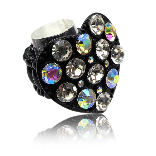 Large Clear and Aurora Borealis Crystal Studded Heart Stretch Ring