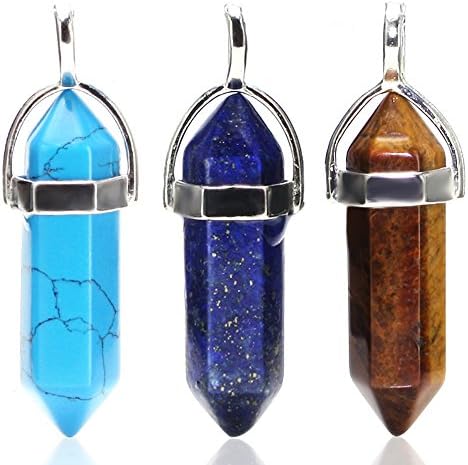 Joolanda Synthetic Hexagonal Healing Gemstone Pendant Necklace, Power Healing Chakra, Copper Chain, Unisex (#0303: Lapis lazuli, Brown Tiger Eye, Blue Turquoise) 3PCS / Order