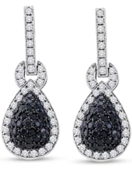10K White Gold Round Brilliant Cut Black and White Diamond - Pear Shape Halo Prong Set Dangle Earrings - (1.80 cttw.)