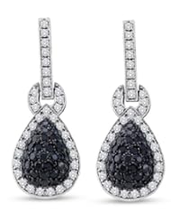 10K White Gold Round Brilliant Cut Black and White Diamond - Pear Shape Prong Set Dangle Earrings - (1.80 cttw.)