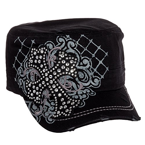 Crystal Case Womens Cotton Rhinestone Cross Cadet Cap Hat