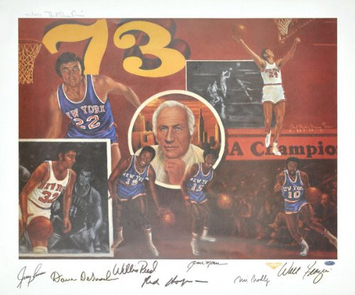 1973 New York Knicks Autographed Championship Lithograph with Seven Hall of Fame Signatures - LE of 1973