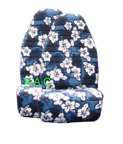 Set of 2 Universal-fit Hawaiian Front Bucket Seat Cover - Blue Hawaii Hibiscus Floral Print