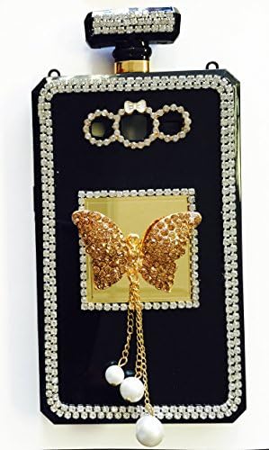 Stylish Crystal Diamond Rhinestones 3D Luxury Shining Butterfly Perfume Bottle Phone Case with Gold/Black Leather Chain (GRAND 2 Gold/Gold)