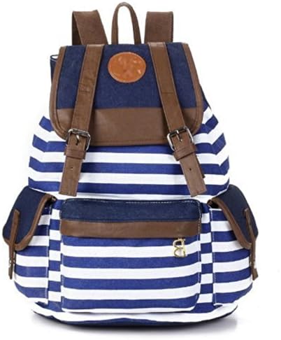 TOPWELL88 Unisex Fashionable Canvas Backpack Rucksack Satchel Shoulder Travel Gym Bag School Bag Laptop Bag for Teens Girls Boys Students Cute Stripe Bag (blue)