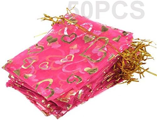 BCP Pack of 50pcs Heart Shaped Organza Drawstring Gift Bag Pouch Wrap for Party/game/wedding (4x4.7inches) (Hot Pink)