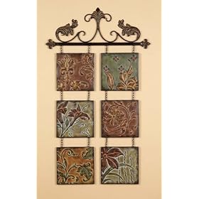 Tuscan Metal Embossed Multi Colored hand Crafted Hanging Wall Tiles Set of 6 on Metal Rod