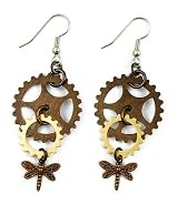 Surgical Steel and Brass Dangle Earrings Steampunk Gears with Dragonfly