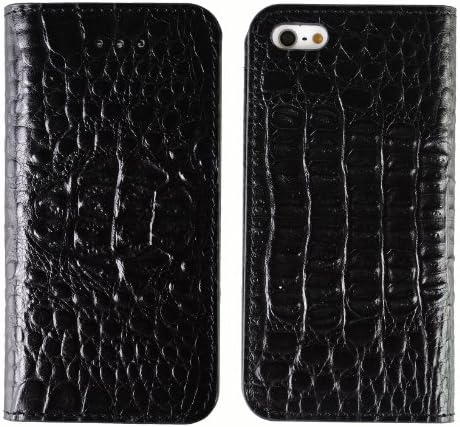 Genuine Italian Leather Crocodile Pattern ID Credit Card Wallet Flip Case Cover Hand Made for Apple iPhone 5 / 5S (Black)