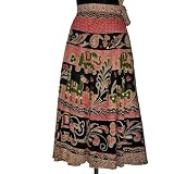 Skirts for Girls- Salmon Pink Green Black Cotton Wrap Skirt with Elephant Floral Print India 40"length Free Shipping