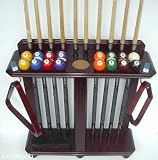 10 Cue & Pool Ball Set Floor Rack - Holder Mahogany Finish
