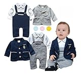 Beau Village（ボー・ヴィラージュ） ベビー フォーマル ブレザー 付き オーバーオール 風 ロンパース (90, ネイビーブレザー ＆ グレーロンパース)