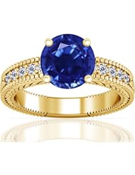 14K Yellow Gold Round Cut Blue Sapphire Ring With Sidestones (GIA Certificate)