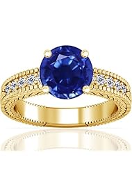 18K Yellow Gold Round Cut Blue Sapphire Ring With Sidestones (GIA Certificate)