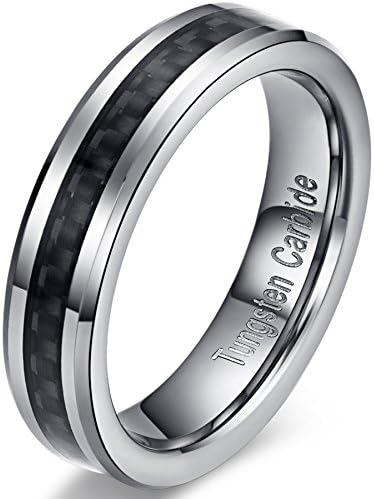 Mens Womens 5mm Tungsten Carbide Ring Black Carbon Fiber Inlay Wedding Engagement Band High Polished Beveled Edges Comfort Fit