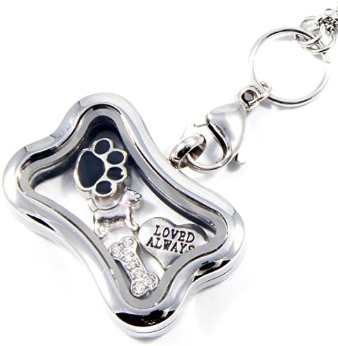 Dog Bone Pet Owner Puppy Lover Jewelry Stainless Steel Glass Memory Locket (Magnetic Closure) with Floating Charms - Memorial Gift (With 32 Inch Rolo Chain -Stainless Steel)