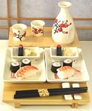 Sushi & Sake set white with red calligraphy & peach blossom for two