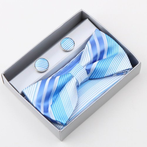 Blue Stripes Silk Pre-tied Bow tie, Cufflinks, Hanky Gift Box Set dodger blue youth dress shirt Pointe BT2100