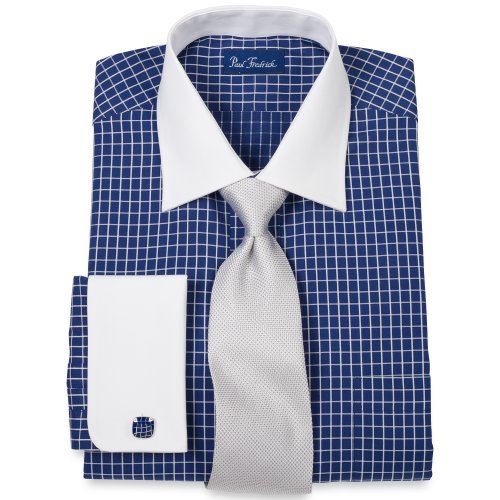 Shopping Online Paul Fredrick Trim Fit Satin Windowpane White Collar \ French Cuff Dress Shirt