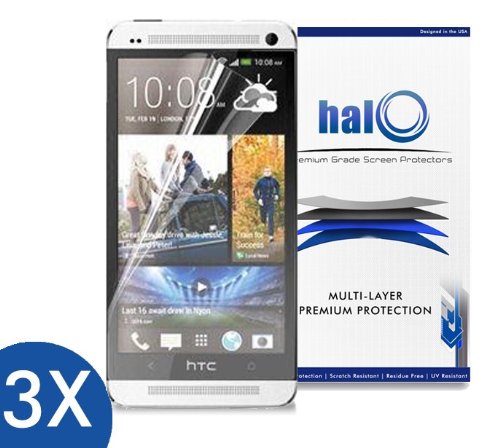 Halo Screen Protector Film High Definition (HD) Clear (Invisible) for HTC One M7 (3-Pack) - Lifetime Replacement Warranty