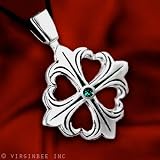 CROSS FLEUR-DE-LIS 4-LEAF CLOVER SHAMROCK HEARTS GREEN GEM SOLID STERLING 925 SILVER PENDANT NECKLACE