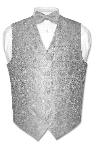 Cheapest Covona Men's Solid SILVER Paisley Dress Vest BOWTIE Set for Suit or Tuxedo