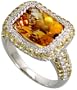 14k White Gold Stone Ring, w/ 0.61 Carat Brilliant Cut Diamonds, 1.10 Carats Brilliant Cut Quartz Stones & 3.72 Carats Cushion Cut Citrine Stone, 9/16 in. (14mm) wide