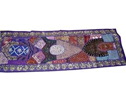 Purple Beaded Sari Indian Table Runner Tapestry Wall Decor Hanging 70