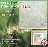 3 Stueck Pollenschutz - Pollenschutznetz 130 x 150 cm, mit Befestigung, weiss, mit Pollenflug-Tabelle