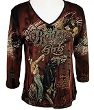 Cactus Fashion, 3/4 Sleeve, Western Themed V-Neck Top Accented with Rhinestone Accents on a Brown Colored Body - Rodeo Cow Girl