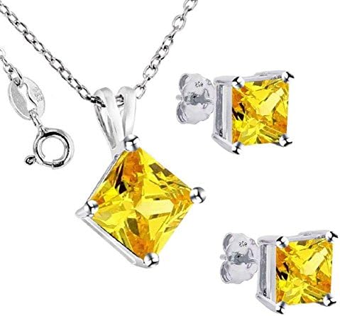 Sterling Silver Set Yellow Princess-cut Cubic Zirconia Stud Earrings and Pendant Necklace,18"