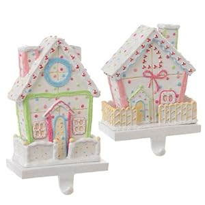 Pink & Blue Christmas Candy Gingerbread House Stocking Holder Set 2