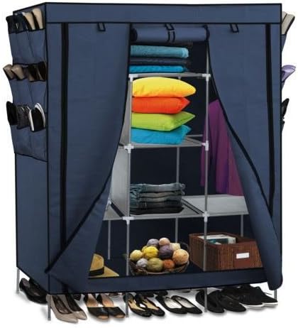 69" Portable Closet Storage Organizer Clothes Wardrobe Shoe Rack Shelves, Blue