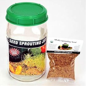 One Quart Glass Sprouter Jar w/ Sprouting Strainer Lid: Grow Sprouts: Includes 2 Oz. Organic Alfalfa Sprout Seeds & Sprouting Instructions
