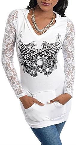Junior's Graphic Print Lace Hoodie Top (Small, White)