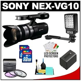 Sony Handycam NEX-VG10 1080 HD Video Camera Camcorder with 18-200mm OSS Lens with (2) 32GB Cards + Battery + LED Light + 3 Filter Set + Cleaning Kit