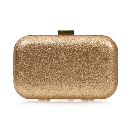 BMC Iridescent Dark Gold Glitter Covered Fabric Hard Case Alloy Chain Strap Fashion Handbag Evening Clutch