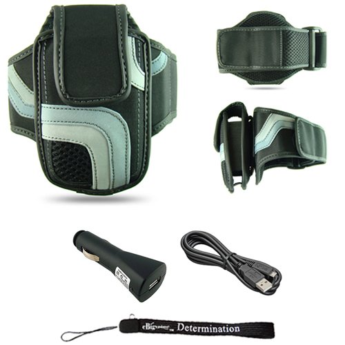 Black Adjustable Deluxe Sportband / Workout Armband with Adaptable Neck Strap for HTC G2 + Includes a Car USB Charger and a USB Cable to charge cell phone