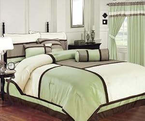 7 Pieces Solid 3 Tone Sage,beige, with Brown Comforter Set/ Bed-in-a-bag Full Size