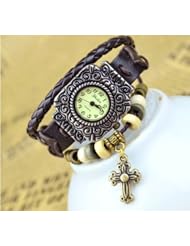 KANO BAK(TM) Retro Bronze Women Ladies Weave Wrap Lucky Cross Leather Bracelet Bangle Quartz Gift Watch Brown