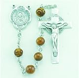 7mm Brown Cocoa Bead Sterling Silver Rosary w/Miraculous Medal & Crucifix w/Gift Box 20 1/2" w/o Crucifix & Center Patron Saint St. Medal Pendant Necklace In Gift Box