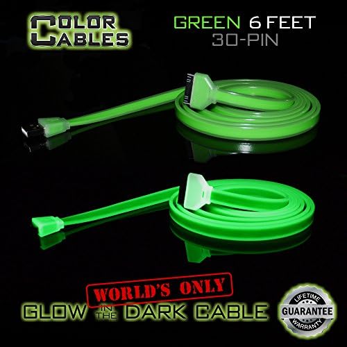 Color Cables: Apple 30 Pin Charge and Sync Data Cable (GREEN - 6FT) Glow in the Dark - 1.8M Extra Long - Extra Tough - No Tangle - High-Speed - Premium 30 Pin to USB A Male Cable (LIFETIME WARRANTY)